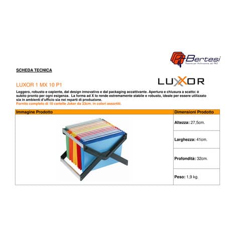 Supporto per cartelle sospese LUXOR 33 cm forma a X assortiti 41x32x27 cm 10 cartelle - LUXOR 1 MX 10 P1